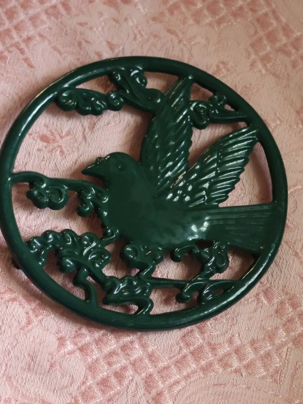 Vintage Forest Green Cast Iron Bird Trivet - Footed Hot Plate / Wall Decor